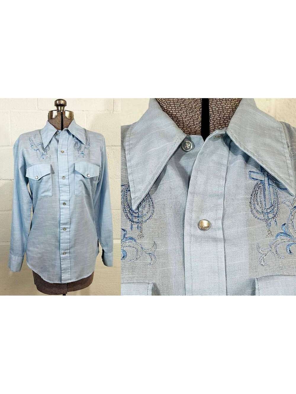 K Mart Western Shirt Baby Blue Embroidered Pearl Snap 1960s Small Medium